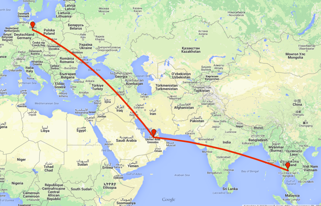 So sieht die Route 2015 aus. Berlin  > Abu Dhabi > Bangkok